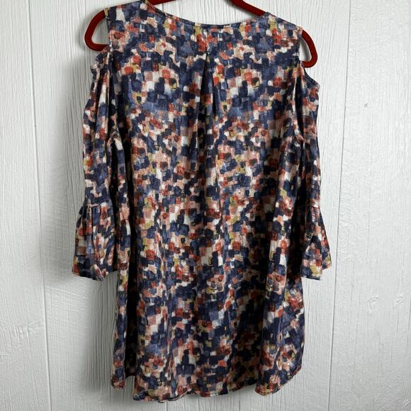 John Mark Multicolor Abstract Cold Shoulder Top 3/4 Sleeve Size Medium Artsy - Picture 2 of 8